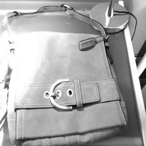 Salmon colored suede shoulder bag